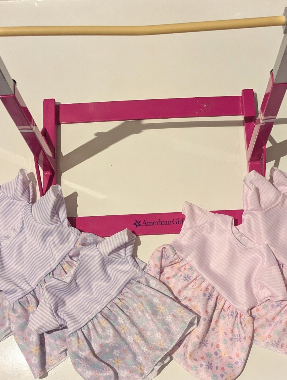 American Girl Gymnastics Party, Bar & Six Handcrafted UNUSED Dresses